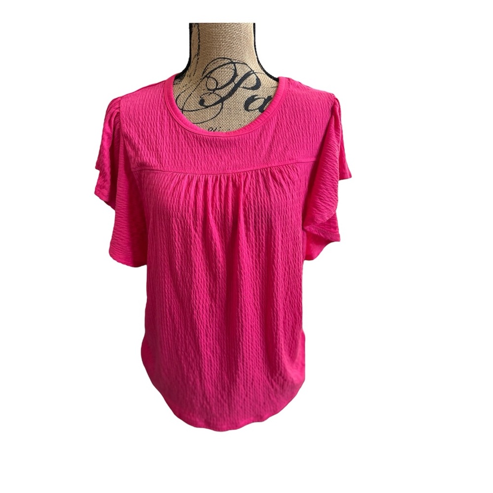Fresh Pink Blouse with Ruffled Scoop Neckline